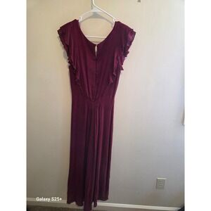 Anama Ruffle Wide Leg Jumpsuit Womens Small Burgundy Boho Smocked Waist Crepe